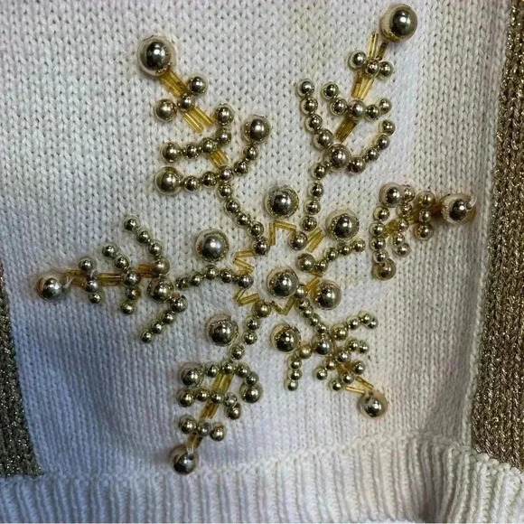 Lew Magrum VINTAGE gold and cream, gold beaded snowflake Christmas sweater SZ-L - Picture 10 of 11